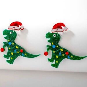 Christmas T Rex Dinosaur Santa Hat Holiday Festive Statement Earrings
